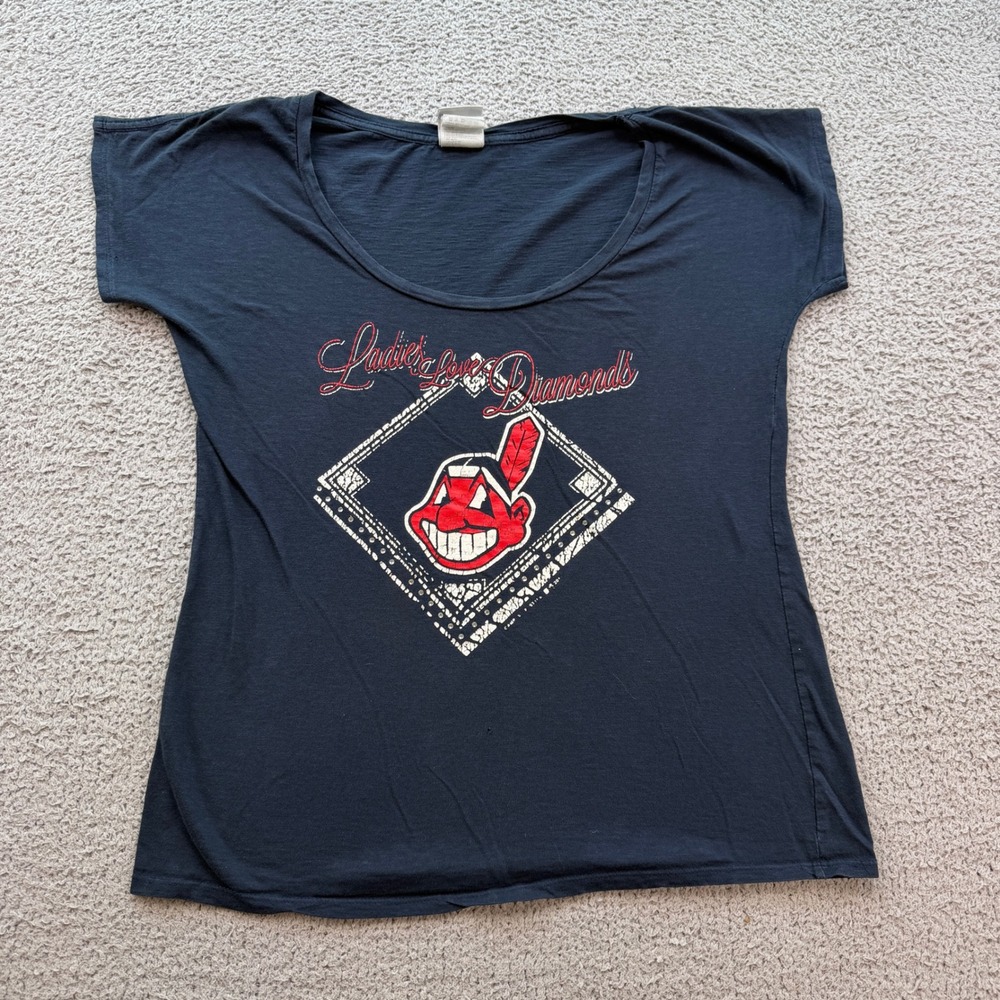 Cleveland Indians Campus Lifestyle Navy Blue Chief Wahoo Rhinestone Tee M